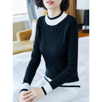 时尚圆领针织衫大胆撞色套头衫百搭舒适韩风长袖线衫