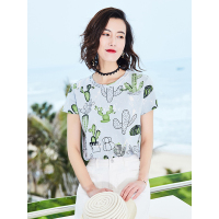 套头夏季印花仙人掌百搭舒适休闲时尚减龄内搭恤衫