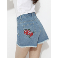 夏款新品阔腿牛仔短裤女后口袋绣花A型牛仔热裤牛仔直筒裤高腰复古三分热裤
