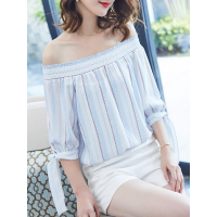 减龄一字领露肩衬衫知性条纹衬衣清新简约上衣