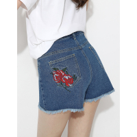夏款新品阔腿牛仔短裤女后口袋绣花A型牛仔热裤牛仔直筒裤高腰复古三分热裤