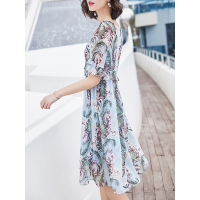 新款减龄碎花连衣裙时尚荷叶边拼接裙百搭度假风中长裙