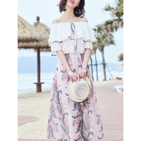 新款韩版显瘦连衣裙印花雪纺沙滩裙一字领露肩荷叶边裙