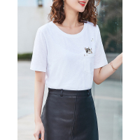 清新可爱T恤口袋猫咪上衣百搭时尚恤衫