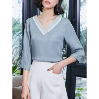 简约宽松衬衫撞色V领上衣韩风拼接上衣