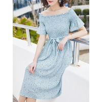浪漫淑女气质减龄度假风一字领抽褶收腰连衣裙