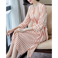 经典圆领知性条纹两侧系带修身显瘦气质连衣裙