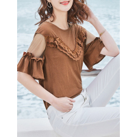 夏上新蕾丝拼接甜美可爱清新淑女木耳边装饰恤衫