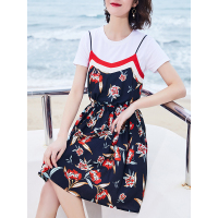 时尚撞色织带拼接连衣裙V领收腰吊带裙A摆度假风印花裙