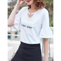 可爱甜美T恤清新荷叶袖上衣短款宽松恤衫