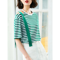 清新条纹休闲T恤宽松时尚上衣潮流飘带恤衫女士T恤