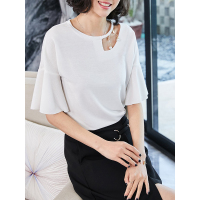 甜美镂空T恤淑女风上衣荷叶袖时尚恤衫