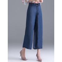 春季女款牛仔裤系腰带天丝牛仔裤直筒牛仔九分裤