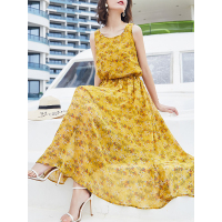 气质无袖连衣裙减龄显瘦沙滩裙系带收腰淑女百搭裙