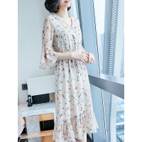 韩版新款气质连衣裙荷叶边减龄淑女中长裙显瘦百搭碎花裙
