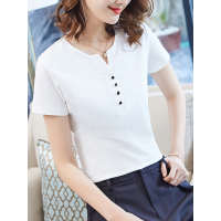 修身显瘦T恤小V领简约上衣装饰扣时尚恤衫女士T恤 白
