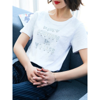 合体百搭T恤不规则下摆上衣钉珠装饰恤衫女士T恤 白