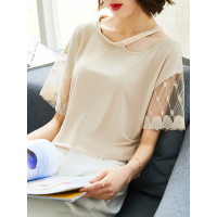 甜美蕾丝拼接T恤镂空淑女上衣时尚韩风恤衫女士T恤杏色