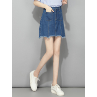 夏装新款双口袋高腰半身裙韩版毛边百搭不规则短裙百搭A字牛仔裙潮