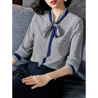 撞色飘带领气质女款衬衣百搭通勤女上衣女