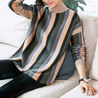 德玛纳2018冬季新款高领优雅条纹线衫大胆撞色条纹线衫针织衫女杂色