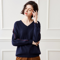 德玛纳2018秋季新款经典V领拼织带撞色针织衫女韩版宽松显瘦打底衫女