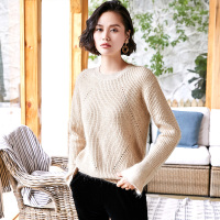 德玛纳2018冬季新款时尚简约高领撞色宽松舒适线衫女针织衫女小麦色