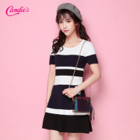 拉夏贝尔Candie's2018春装新款修身撞色条纹圆领短袖短裙连衣裙30061147