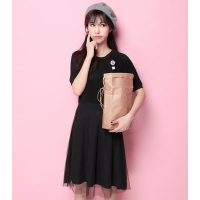 拉夏贝尔Candie's2018春装新款收腰裁剪精致下摆圆领长款连衣裙女30061007