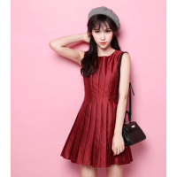 拉夏贝尔Candie's2018春装新款时尚纯色无袖百褶圆领套头连衣裙30054033