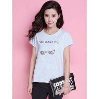 拉夏贝尔2018夏装新款修身圆领时尚短款压花上衣短袖T恤女士 10008420 L 浅蓝 甜美淑女 简约优雅