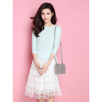 拉夏贝尔2018夏装新款优雅短款七分袖T恤蕾丝短裙套装女10009599