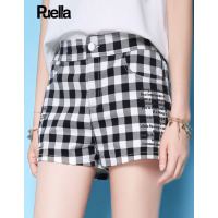 拉夏贝尔Puella普埃拉2018夏装新款休闲直筒中腰印花格子短裤女20008050