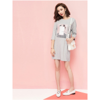 拉夏贝尔2018秋装新款中长袖针织短连衣裙印花灰色10011157