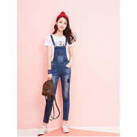 拉夏贝尔2018秋装新款长牛仔裤牛仔面料背带侧面拉链牛仔蓝20007941