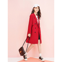 拉夏贝尔2018秋装新款长梭织风衣复合面料西装领20008381