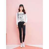 拉夏贝尔2018秋装新款短针织套头16g汗布图案印花上衣20008405