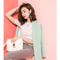 拉夏贝尔2018秋装新款中长梭织西装直身型双开线口袋豆绿10010759