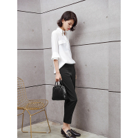 拉夏贝尔2018秋装新款梭织休闲裤黑色70007141