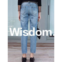 拉夏贝尔La Chapelle秋长牛仔裤破洞网袜男友裤牛仔蓝