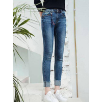 拉夏贝尔La Chapelle秋长牛仔裤脚口卷边撞色锁边深牛仔蓝