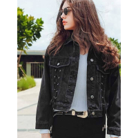 拉夏贝尔La Chapelle秋中长牛仔外套长袖系带