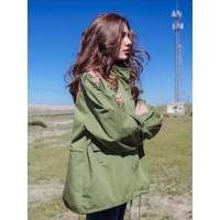 拉夏贝尔La Chapelle秋中长梭织外套长袖刺绣花朵军绿