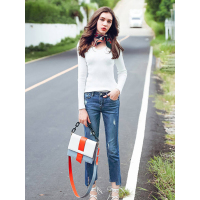 拉夏贝尔La Chapelle秋长牛仔裤拼色不对称直筒裤牛仔蓝