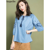 拉夏贝尔La Chapelle秋短牛仔衬衫中长袖民族风牛仔蓝