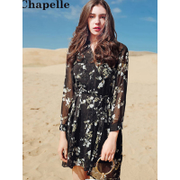 拉夏贝尔La Chapelle秋中长袖梭织短连衣裙印花混色