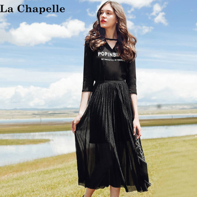 拉夏贝尔La Chapelle秋短袖针织长套装黑色