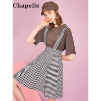 拉夏贝尔Puella秋短梭织裙 可拆卸背带一侧口袋型格子混色