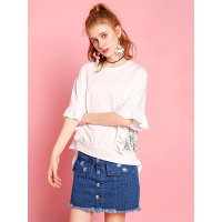 拉夏贝尔Puella秋短牛仔裙 前两侧贴假口袋型牛仔蓝