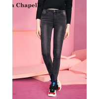 拉夏贝尔Puella秋长牛仔裤 脚口剪破小脚裤型牛仔蓝